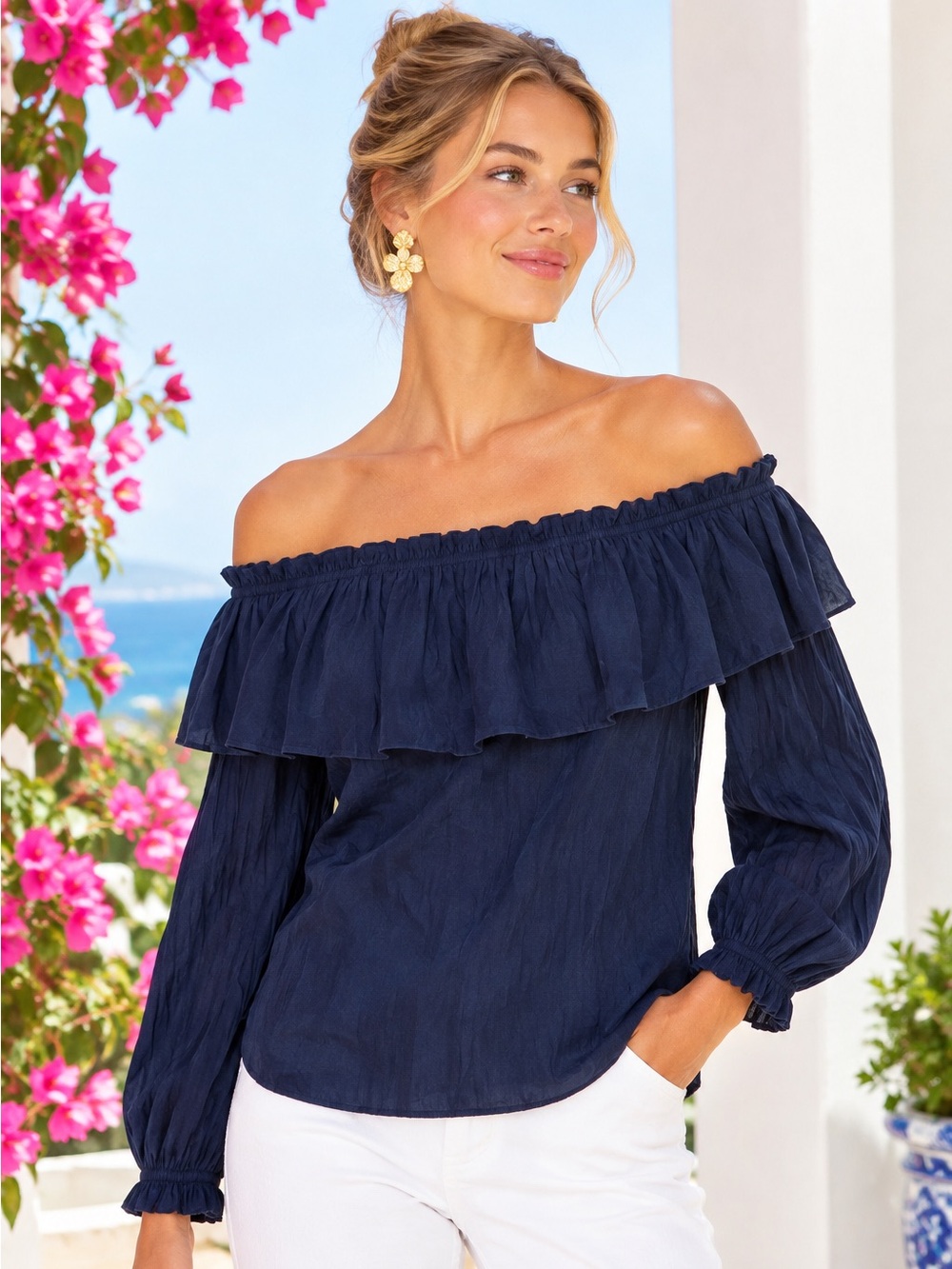 Lilly Pulitzer Navy Off-Shoulder Ruffle Dee Top Blouse Boho Coastal Preppy